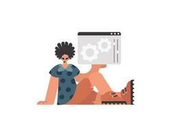 The fellow is holding a browser window with gears. SEO and web investigating topic. Confined. Trendy style, Vector Illustration