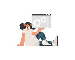 The young lady is holding a browser window with gears. SEO and web investigating topic. Disconnected. Trendy style, Vector Illustration
