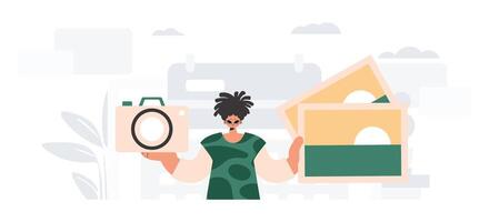 A woman holding a camera and a book vector