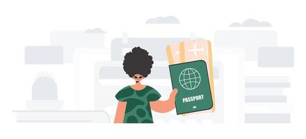 A woman holding a passport and a green sign vector