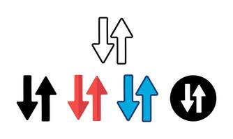 arriba y abajo flecha icono conjunto con 5 5 diferente tipos de estilos, línea, color línea, plano color, redondo, negro llenar. vector
