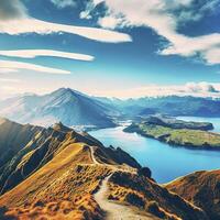 Roys peak mountain hike in Wanaka New Zealand. Popular tourism travel destination. Concept for hiking travel and adventure. AI Generative photo