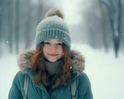 A girl wearing winter standing in a snowy environment stock photo djsheeb, christmas image, photorealistic illustration