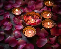 An image showing several burning diyas in the middle of petal petals, diwali stock images, realistic stock photos
