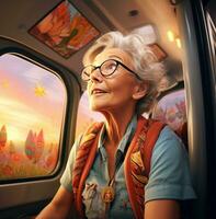un mujer en su 60s de viaje el mundo, moderno envejecimiento valores imágenes, dibujos animados ilustración Arte foto