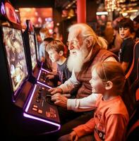 A candid shot of the man and his grandchildren playing a video game in an arcade, modern aging stock images, photorealistic illustration photo
