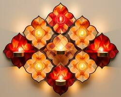 Happy diwali background with five burning lamps and colored patterns, diwali stock images, realistic stock photos