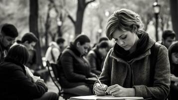 un mujer se sienta en un banco en un parque escritura en un diario, mental salud imágenes, fotorrealista ilustración foto