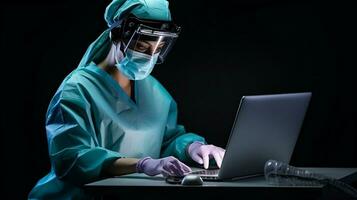 Female surgeon in mask and gloves standing on her laptop, medical stock images photo