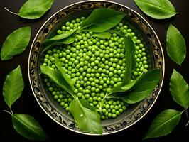 A bowl with a green peas and leaves from a white table, world food day images photo