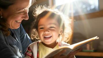 A volunteer is helping a child learn to read, mental health images, photorealistic illustration photo