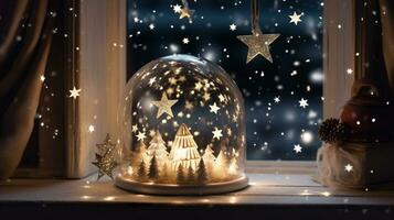 A wide-angle shot of a starry snow globe sitting on a windowsill, christmas image, photorealistic illustration photo