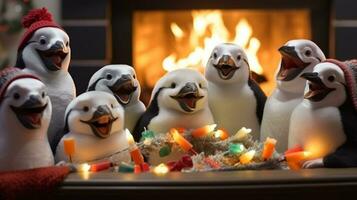 A group of penguins gathered around a christmas fireplace, christmas image, photorealistic illustration photo