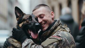 A soldier hugging his dog after returning home from deployment, mental health images, photorealistic illustration photo