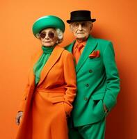 Two colourful older people who are posing together, modern aging stock images, ai generated aging images photo