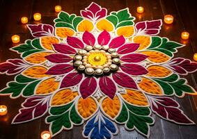 A rangoli decorative pattern made of colored rice, diwali stock images, cartoon illustration art photo