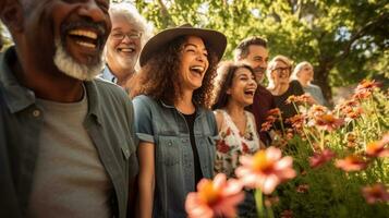 un grupo de personas son caminando mediante un parque, mental salud imágenes, fotorrealista ilustración foto