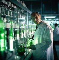A long shot of a scientist in a white coat standing in a laboratory, medical stock images photo