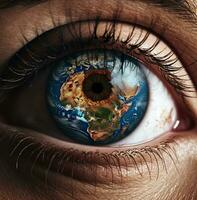 Persons eye with the earth inside the iris, nature stock photo