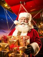 A close up portrait of santa claus standing on the deck of his airship, christmas image, photorealistic illustration photo