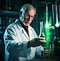 A scientist in a white coat stands in a dark laboratory, medical stock images photo