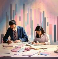 Business man and woman working on mathematics and financial reports at a table, business and marketing stock photos