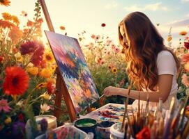 un gran angular Disparo de un persona pintura en un campo de flores, mental salud imágenes, fotorrealista ilustración foto