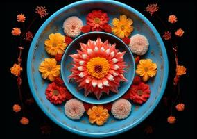 Rangoli decoration of an orange flower in a bowl, diwali stock images, realistic stock photos