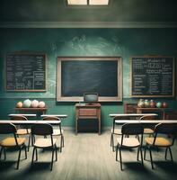 An empty classroom with chairs and a green board, world students day images photo