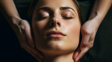 A close-up of a persons face as they receive a massage, mental health images, photorealistic illustration photo