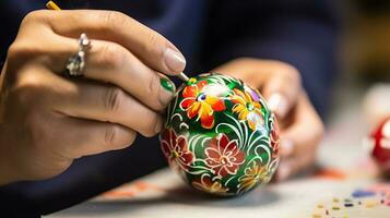 A close up of a workers hands as they paint a delicate ornament, christmas image, photorealistic illustration photo