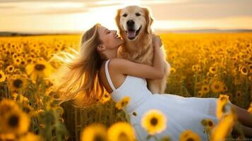 A young girl in a white dress is hugging a golden retriever in a field of wildflowers, mental health images, photorealistic illustration photo