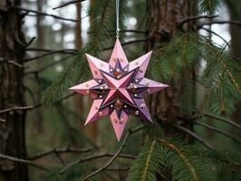 A traditional star decoration hanging on a tree in a small forest, christmas image, photorealistic illustration photo