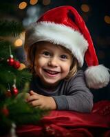 un cerca arriba retrato de un niño sentado en frente de un Navidad árbol, Navidad imagen, fotorrealista ilustración foto