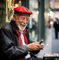 Old man using his smart phone in the city, modern aging stock images, ai generated aging images photo