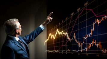 A businessman points to an arrow depicting a graph indicating the growth of the economy in 2020, business and marketing stock photos