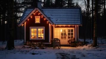 un pequeño cabaña en el bosque todas iluminado arriba para Navidad, Navidad imagen, fotorrealista ilustración foto