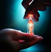 A persons hand reaches out to touch a glowing vial of medicine, medical stock images photo