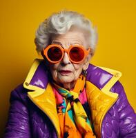 un mayor dama en un amarillo chaqueta y Gafas de sol posando para el cámara, moderno envejecimiento valores imágenes, ai generado envejecimiento imágenes foto