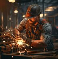 industrial hombre trabajando en metal plato en industrial fábrica, industrial maquinaria valores fotos