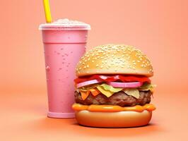 A burger and a soda on a pink background, world food day images photo