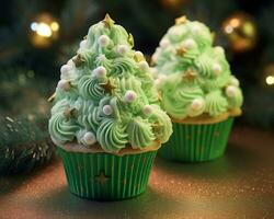 Couple of cupcakes decorated like tree with green frosting, christmas image, photorealistic illustration photo