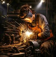 joven hombre soldadura con chispas cerca el fábrica, industrial maquinaria valores fotos