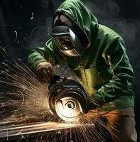 A person wearing a green jacket is grinding metal, industrial machinery stock photos