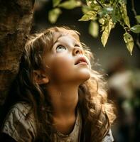 The girl is looking up at the tree her face filled with wonder, nature stock photo