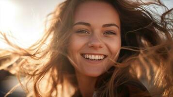 un de cerca de un mujeres cara ella es sonriente, mental salud imágenes, fotorrealista ilustración foto