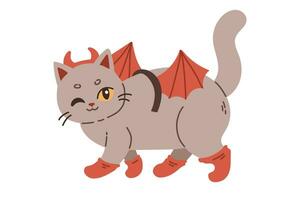 Halloween cat. Grey kitten in demon costume. Happy halloween costume illustration. Vector illustration