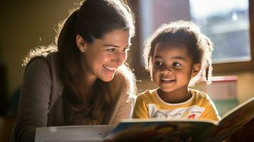 A volunteer is helping a child learn to read, mental health images, photorealistic illustration photo