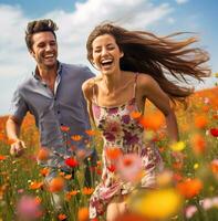 A joyful and carefree scene with the couple running through a field of colorful wildflowers, wanderlust travel stock photos, realistic stock photos