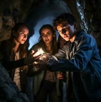 A group of friends are walking through a dark ancient ruin, wanderlust travel stock photos, realistic stock photos